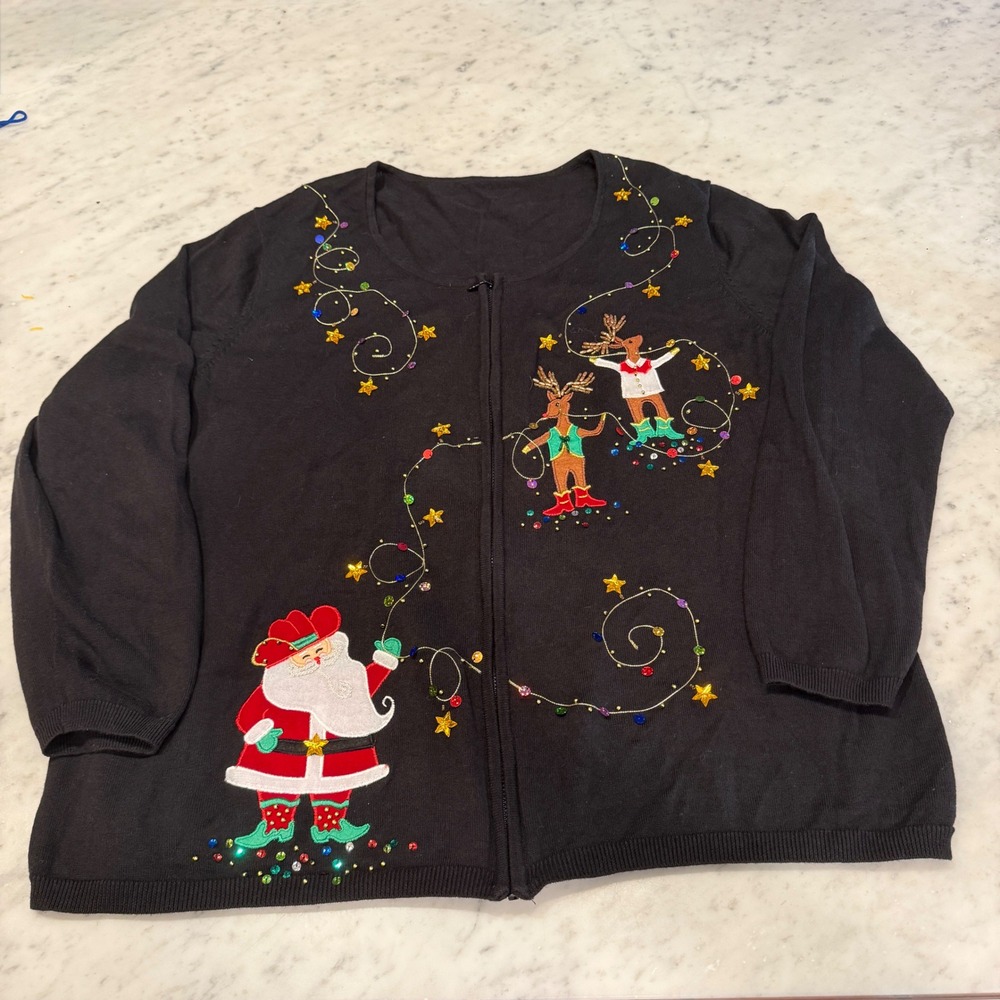 Black Zip Up Ugly Christmas Sweater Santa Reindeer Sequins Women Size L